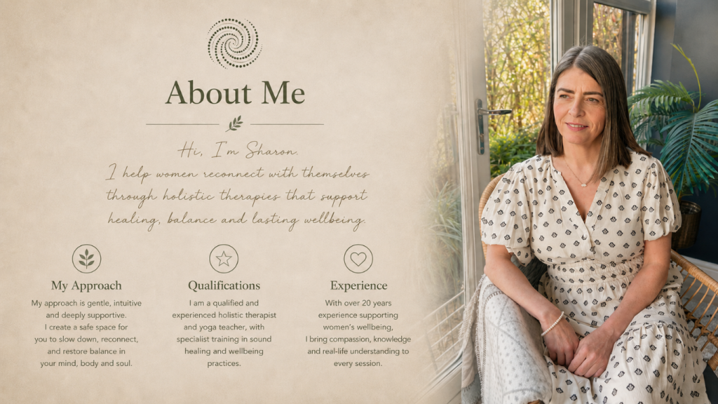 Portrait of Sharon Curran sitting in a peaceful setting, holistic wellbeing practitioner offering yoga, sound baths and holistic therapies in Northwich.