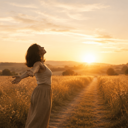 Woman standing with open arms at sunrise symbolising freedom, inner alignment and personal transformation through Soul Alignment sessions at Sharon Curran Wellbeing