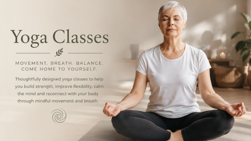 Woman sitting in meditation on a yoga mat in a peaceful studio, representing mindful yoga practice, relaxation and wellbeing.