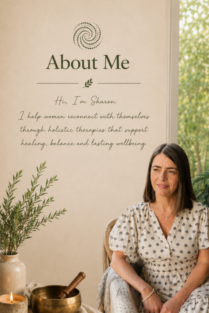 Portrait of Sharon Curran sitting in a peaceful setting, holistic wellbeing practitioner offering yoga, sound baths and holistic therapies in Northwich.