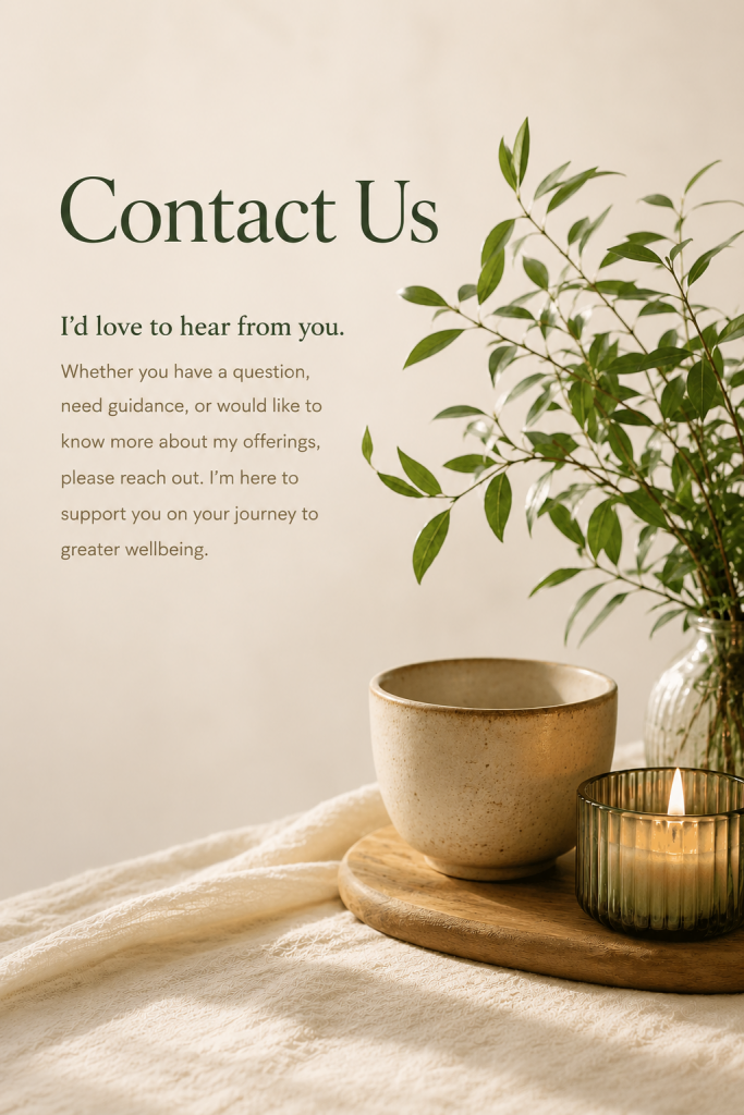 Calm wellness-inspired scene with candle, ceramic bowl and greenery representing a peaceful space for connection and holistic wellbeing.
