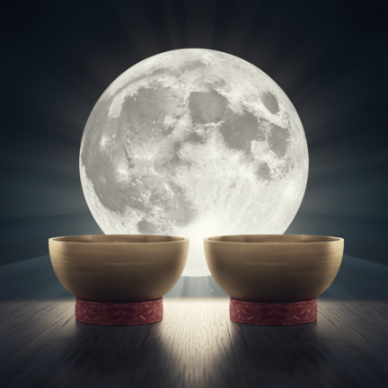 Two singing bowls set before a full moon, representing a guided Full Moon Sound Journey for deep relaxation, reflection and wellbeing.