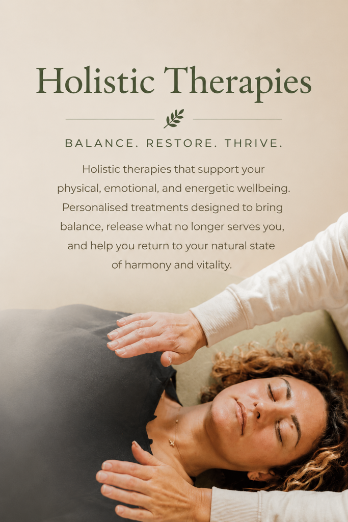 Practitioner offering gentle energy healing to a client during a holistic therapy session in a calm and nurturing wellbeing space.