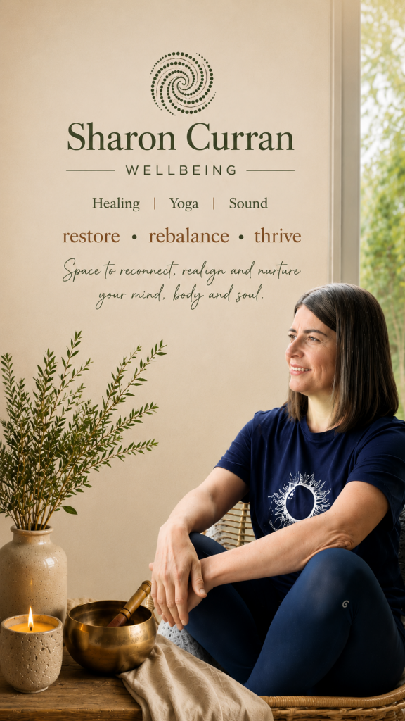 Sharon Curran sitting in a peaceful setting, offering holistic wellbeing through healing, yoga and sound in Northwich.