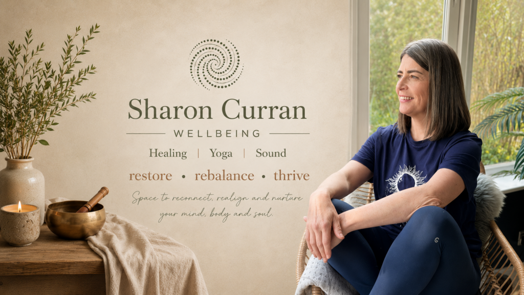 Sharon Curran sitting in a peaceful setting, offering holistic wellbeing through healing, yoga and sound in Northwich.