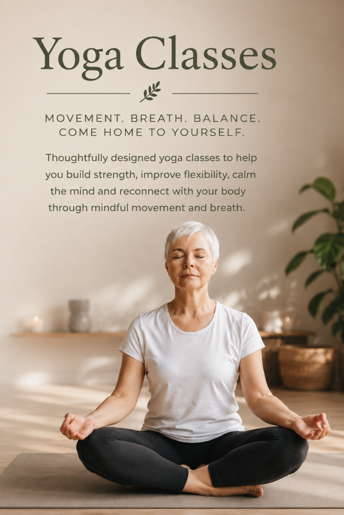 Woman sitting in meditation on a yoga mat in a peaceful studio, representing mindful yoga practice, relaxation and wellbeing.