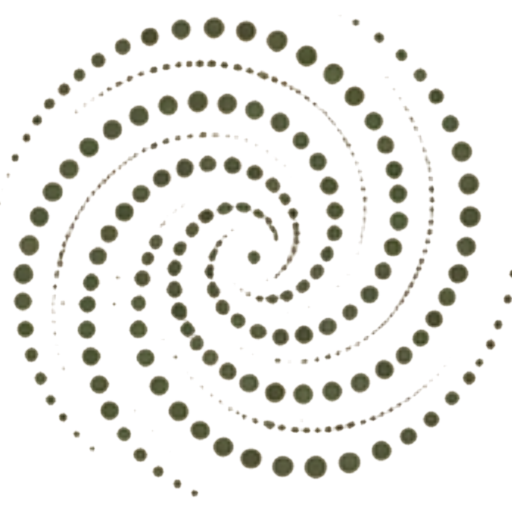 Abstract spiral pattern created by dark green dots forming concentric circles on a beige background.