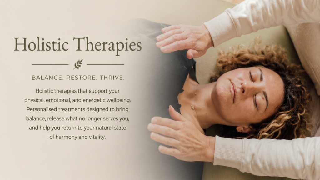 Practitioner offering gentle energy healing to a client during a holistic therapy session in a calm and nurturing wellbeing space.