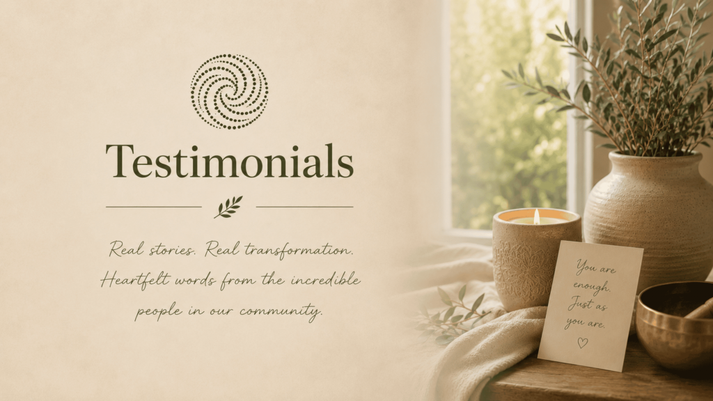 Calming wellbeing scene with candle, singing bowl and greenery representing client testimonials and experiences at Sharon Curran Wellbeing.