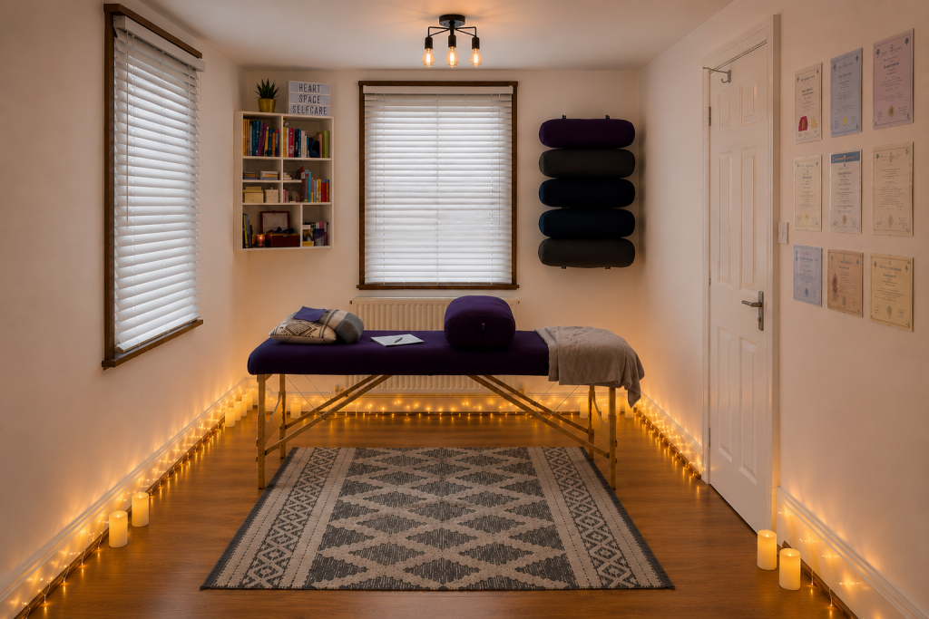 Peaceful therapy room at The Little Wellness Studio with treatment couch for Reiki, flower essence and holistic wellbeing sessions.